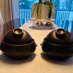Vintage Brown Stoneware Mini Covered Bowls Set of 2 Rustic Ceramic Lidded